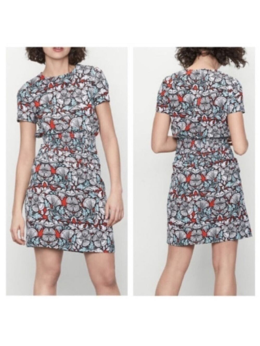 Maje Relia Smocked Waist Printed Mini Dress Multicolor Short Sleeve, size 1/S